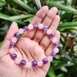 Trendy 8mm Rose Quartz Amethyst Combination Round <b>Bead</b> <b>Bracelet</b> Stylish Unisex Fashion <b>Bracelets</b> - Product Image 2