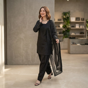 Ensemble Salwar traditionnel noir pour femmes, longueur cheville, avec dupatta brodée, coupe classique, style Inde Pakistan - Product Image 3
