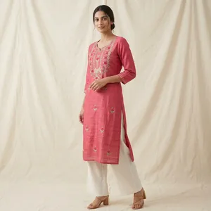 <b>Women</b> Pink Jute Cotton <b>Kurti</b> V Neck Embroidered Straight Tunic Three Quarter Sleeve Floral Detail Casual Ethnic Everyday Wear - Product Image 5