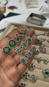 Genuine Emerald and Diamond Flower <b>Silver</b> <b>Stud</b> Earrings 92.5 Sterling <b>Silver</b> Earring - Product Image 2