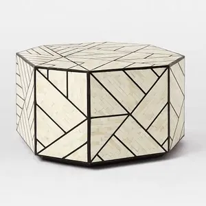 Branded quality handmade black and white striped Hexagon Bone inlay bedside table made of wood For decoration from India.