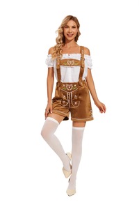 Brown Embroidered Unisex Lederhosen Shorts With White <b>Shirt</b> Casual Bavarian Style High Waist Breathable Woven Fabric - Product Image 4