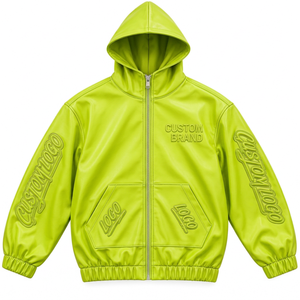 Chaqueta con Capucha de Cuero Sintético Personalizada para Hombre, Cierre Completo, Decoración con Logotipo Grabado, Ropa Urbana Casual de Moda - Product Image 3