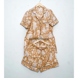Conjunto de Pijama Personalizado de Algodón Orgánico Puro, Transpirable, Suave, Elegante y Lujoso, con Cuello en V, Estampado Ikat, Manga Corta, Cintura Elástica, de Secado Rápido para Mujer - Product Image 6