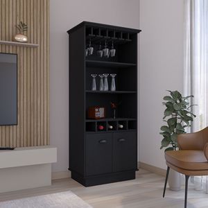 Mobile bar alto Dundee da 70 pollici, nero, con 10 ante in vetro, 5 scomparti e 3 ripiani aperti - Product Image 1