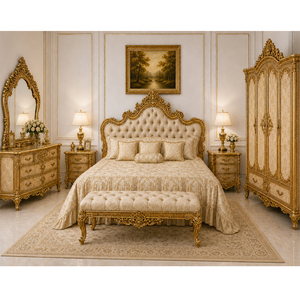 Muebles de dormitorio principal de madera de teca inspirados en el barroco imperial, hechos a medida, con hojas de oro real talladas, a precios de fábrica. - Product Image 1