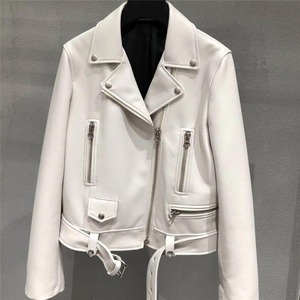 Veste moto en cuir PU pour femme, col montant, manches longues, fermeture éclair, longueur courte, couleur unie, style automne - Product Image 1