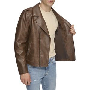 <b>Men's</b> Black Solid Color Genuine <b>Leather</b> Moto <b>Jacket</b> Slim Fit Zipper Closure Turn-down Collar Autumn Style Available For Sale - Product Image 5