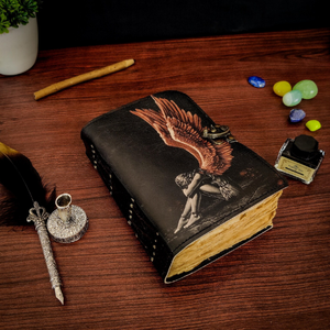 Leather <b>Mini</b> Diary Detailed Sitting Angel Design Black Wings Illustration Water Color Eco-Friendly Thermal Binding Embossed Gift - Product Image 2