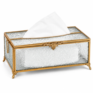Vintage <b>Antique</b> Glass Tissue Box Holder Decorative Gold Metal <b>Frame</b> Luxury Tissue Case for Living Room Hotel Bathroom Countertop - Product Image 1