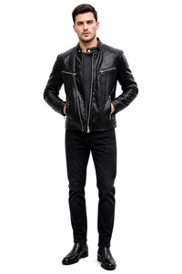 <b>Mens</b> <b>Leather</b> <b>Jacket</b> Black Snake Pattern <b>Leather</b> Biker– Stylish Zip-Up Outerwear - Product Image 2