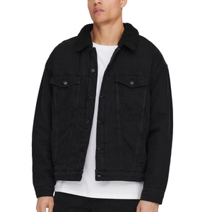 Veste en jean noire pour homme avec doublure en sherpa Coupe classique Fermeture à boutons Style décontracté Vêtement d'automne - Product Image 1