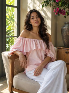 Trendy Bohemian <b>Off</b>-<b>Shoulder</b> Blouse Wide Leg Trouser Set | Breathable Cotton Linen Summer Co-ord Set | Wholesale Women Vacation - Product Image 6