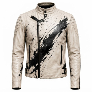 Custom Logo Men's Real Leather <b>Biker</b> <b>Jacket</b> Cream <b>White</b> Paint Splash Artwork Stand Collar Zip Cuffs Buckle Straps Private Label - Product Image 1