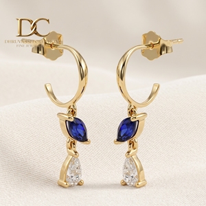 Pendientes de aro con diamantes cultivados en laboratorio y zafiros azules reales, certificados por IGI, en oro amarillo macizo de 9K, para mujer, regalo para cualquier ocasión. - Product Image 2