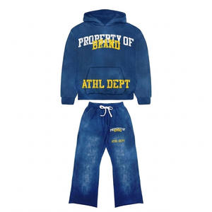 Vintage ACID Wash Tracksuit Flared Heavyweight Cotton Screen Printing Distressed Embroidery Sweat Suit Custom Casual Hoodie Set - Product Image 2