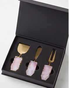 Juego de cuchillos para queso con mango de ágata rosa, cubiertos chapados en oro, ideales para servir en fiestas elegantes. - Product Image 6