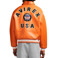 Blouson Bomber Homme Avirex en Cuir de Vachette Orange Imperméable avec Fermeture Éclair, Patch Brodé, Col Rond, Style Décontracté Urbain Hiver