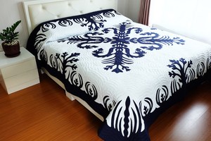 Wholesale Navy Hawaiian Applique <b>Quilt</b> With Echo <b>Quilting</b> Custom Botanical Cotton <b>Bedspread</b> Boutique Bedroom Bedding - Product Image 6
