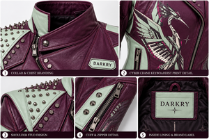 Women Burgundy Real Cowhide Leather Biker Jacket Printed <b>Crane</b> Mint Green Panel Studded Shoulder Coat OEM ODM Custom Wholesale - Product Image 6