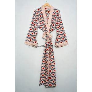 Peignoir Kimono pour femme, 100% coton, doux, imprimé numérique, col en V, longueur intégrale, manches longues, respirant, séchage rapide, été - Product Image 1