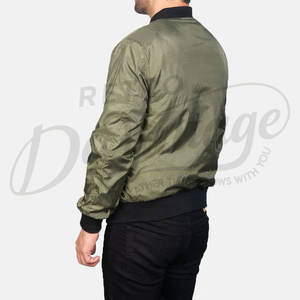 Blouson bomber en satin vert olive pour homme, léger, style aviateur, avec bordure côtelée noire et fermeture éclair sur le devant, vêtement d'extérieur décontracté - Product Image 1
