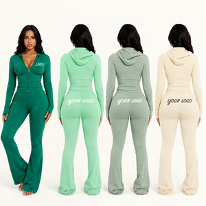 Custom Women's Two Piece Workout Set Zip Up Hoodie Jacket Flare <b>Leggings</b> Pants Fitness Streetwear Tracksuit Wholesale - Product Image 6