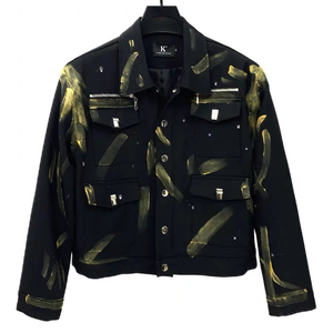 Men's Black Hand Painted Utility <b>Jacket</b> With Gold Strokes Multi Pocket Streetwear <b>Cropped</b> Fit Turn Down Collar - Product Image 4
