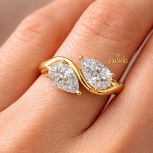 Luxury Pear Cut Toi Et Moi <b>Ring</b> 10K Gold Lab Grown Diamond <b>Open</b> Design Engagement <b>Ring</b> for Women - Product Image 2