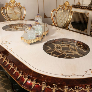 Ensemble de table à manger de style royal classique haut de gamme en bois d'acajou avec sculpture en feuille d'or et plateau brillant, 6 places, pour salle à manger de villa - Product Image 6