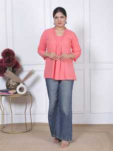 Elegant Women <b>Peach</b> Pink Casual Lace V-neck Short Sleeve 100% Cotton Breathable Tunic Kurti Style for B2B Buyer - Product Image 1
