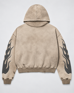 ONETEN APPARELS Sudadera con capucha extragrande para hombre, con cremallera, 100% algodón, diseño de aplique de llama, color beige, estilo urbano de invierno - Product Image 4