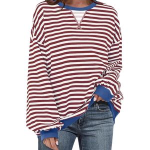 Sweat-shirt en molleton rayé bordeaux personnalisé pour femme, col en V décontracté, coupe ample, manches longues, pull décontracté - Product Image 1