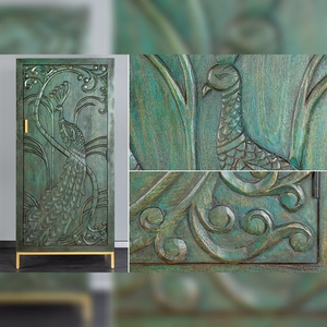 Vandana Nordic Layer Highboard PEACOCK 170cm verde, madera de mango antigua con diseño de pavo real tallado en 3D - Product Image 3