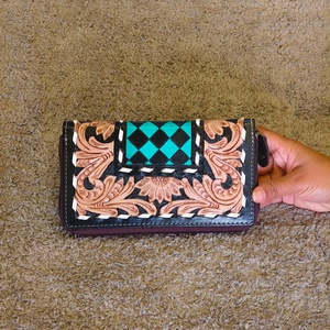 Stylish Hand Tooling Carved 100% Genuine Leather Women's Clutch Checkered Pattern <b>Wallet</b> Purse Personalized Bohemian Fashionable - Product Image 4