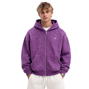 Sweat à capuche zippé pour homme en molleton épais, coupe oversize et carrée, avec strass de luxe thermocollés, style streetwear Y2K, OEM - Product Image 2
