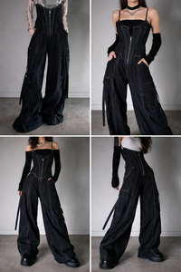 จั๊มพ์สูทเดนิมขากว้างสำหรับผู้หญิง สไตล์สตรีทแฟชั่น แต่งตะเข็บตัดกัน ขาหลวมพิเศษ - Product Image 3