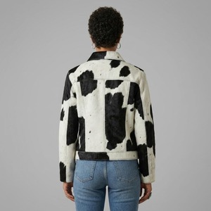 Veste en cuir de vachette noir et blanc à imprimé animal, col rabattu, fermeture éclair, coupe classique, style décontracté, pour l'automne - Product Image 3