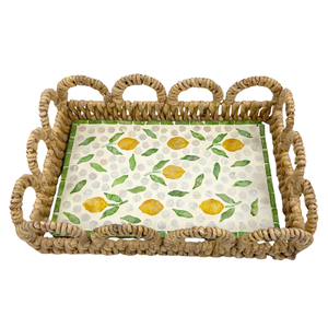 Bandeja de MDF Rectangular alta hecha a mano con diseño de limón Capiz incrustaciones elegante jacinto de agua tejido decorativo bandeja para servir frutas - Product Image 2