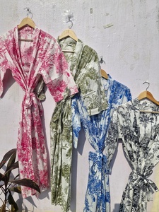 Women Blue Tropical Print Cotton <b>Kimono</b> Robe Boho Lightweight Bathrobe Summer <b>Kimono</b> <b>Beach</b> Cover Up Loungewear Robe - Product Image 6