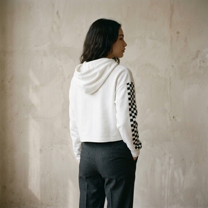 <b>Women's</b> <b>White</b> Cropped <b>Hoodie</b> Long Sleeve Plaid Stripe Fleece Pullover Casual Autumn Sweatshirt - Product Image 2
