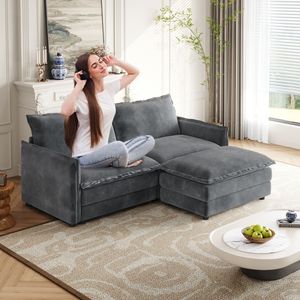 Divano a Due Posti in Tessuto Corduroy con Poggiapiedi, Divano Angolare a L con Pouf, Imbottito e Grande per Soggiorno - Product Image 1