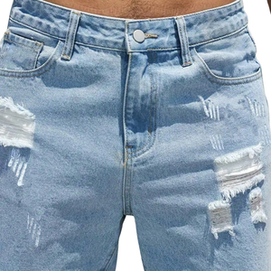 Pantalones Cortos de Mezclilla para Hombre, Color Azul Claro, Transpirables, Lavados, Desgastados, de Algodón, Corte Recto, Rasgados, Casuales, de Verano, con Cinco Bolsillos, Botones y Cierre - Product Image 3
