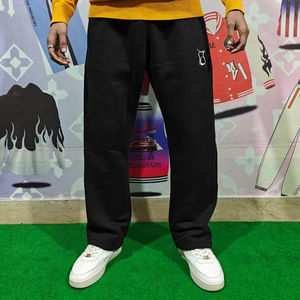 Jogging en molleton de coton brossé de haute qualité, coupe large, avec étiquette tissée brodée personnalisée, pour hommes. - Product Image 1