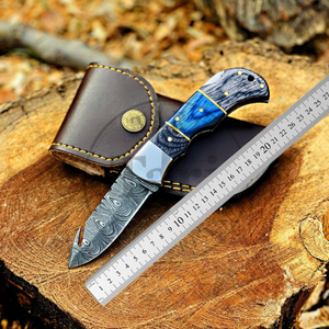 Couteau de poche pliant en acier Damas, vente en gros, manche personnalisé, étui en cuir, gravure de logo OEM disponible, très tranchant - Product Image 6