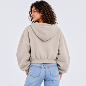 Custom <b>Cropped</b> <b>Hoodie</b> Women Beige <b>Zip</b> <b>Up</b> Sweatshirt Short Waist Outerwear Drop Shoulder Fleece Hooded Jacket Minimalist <b>Hoodie</b> - Product Image 2