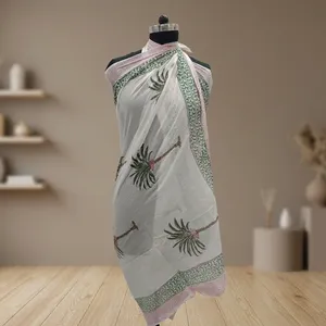 White Hand Block Printed Cotton Sarong with Green Palm Tree Motifs Lightweight Indian <b>Beach</b> <b>Wrap</b> Pareo for Women - Product Image 2
