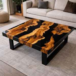 Mesa de Centro de Resina Hecha a Mano, Ecológica, con Borde Natural de Madera de Olivo, Color y Tamaño Personalizables - Product Image 1