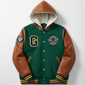 Vestes universitaires pour hommes à capuche en chenille brodée sur mesure, manches en cuir, style streetwear, très demandées, pour l'hiver - Product Image 1