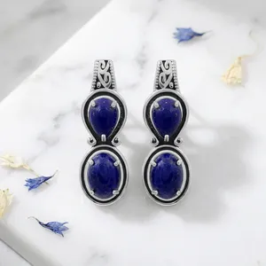 Gourik Classic 925 Sterling <b>Silver</b> Natural Lapis Lazuli Gemstone Cabochon Teardrop Oval <b>Silver</b> Plated Claw Setting <b>Stud</b> <b>Earrings</b> - Product Image 4